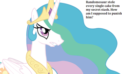 Size: 900x547 | Tagged: safe, artist:sonicbreakbeat, princess celestia, alicorn, pony, angry, bronybait, cakelestia, female, frown, glare, gritted teeth, hair over one eye, looking up, mare, randomosaur, simple background, solo, text, vector, white background