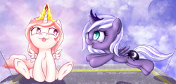 Size: 2915x1405 | Tagged: safe, artist:eltaile, princess celestia, princess luna, alicorn, pony, :3, cewestia, filly, woona