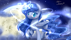 Size: 1920x1080 | Tagged: dead source, safe, artist:xcopyen002, princess luna, alicorn, pony, female, magic, moon, solo, wallpaper