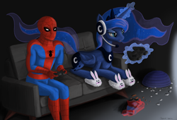 Size: 7000x4768 | Tagged: safe, artist:chari-san, princess luna, alicorn, pony, absurd resolution, clothes, crossover, gamer luna, slippers, sofa, spider-man