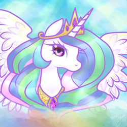 Size: 894x894 | Tagged: safe, artist:blyssi, princess celestia, alicorn, pony, bust, crown, female, horn, mare, multicolored mane, solo, white coat