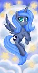 Size: 550x1056 | Tagged: safe, artist:mel-rosey, princess luna, alicorn, pony, derp, flying, moon, solo, stars, woona, young