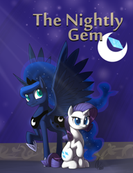 Size: 1610x2100 | Tagged: safe, artist:valcron, princess luna, rarity, alicorn, pony, unicorn, fanfic, frown, gem, moon, night, raised eyebrow, raised hoof, sitting, smiling, spread wings