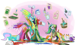 Size: 1600x964 | Tagged: safe, artist:king-kakapo, princess celestia, rarity, alicorn, pony, unicorn, covered in paint, magic, paint, wet, wet and messy, wet mane, wet mane rarity