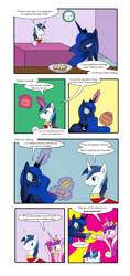 Size: 1000x2122 | Tagged: safe, artist:thewormouroboros, princess cadance, princess luna, shining armor, alicorn, pony, unicorn, comic, pun