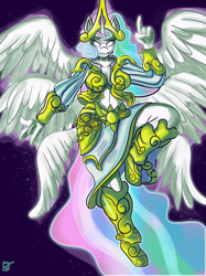 Size: 2499x3333 | Tagged: safe, artist:fauxsquared, princess celestia, alicorn, anthro, seraph, seraphicorn, asura's wrath, clothes, high res, multiple wings, solo