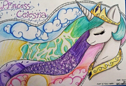 Size: 1024x703 | Tagged: safe, artist:xmonochromeskies, princess celestia, alicorn, pony, female, horn, mare, solo