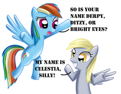 Size: 1420x1100 | Tagged: safe, artist:poisonicpen, derpy hooves, princess celestia, rainbow dash, alicorn, pegasus, pony, dialogue, female, mare, name, simple background, white background