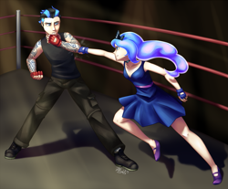 Size: 1205x1000 | Tagged: safe, artist:7nights, princess luna, oc, boxing ring, cleavage, clothes, crown, dress, female, fight, fingerless gloves, humanized, jewelry, male, regalia, tattoo