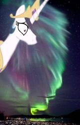 Size: 451x700 | Tagged: safe, princess celestia, alicorn, pony, aurora borealis, irl, photo, ponies in real life, shrunken pupils, solo, wide eyes