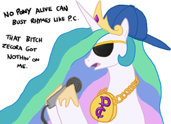 Size: 819x593 | Tagged: safe, artist:paper-pony, princess celestia, alicorn, pony, hat, microphone, necklace, rap, solo, sunglasses, vulgar