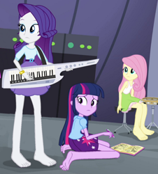 Size: 1012x1117 | Tagged: safe, edit, edited screencap, editor:grapefruitface, screencap, fluttershy, rarity, twilight sparkle, equestria girls, rainbow rocks, barefoot, cropped, feet, fetish, foot fetish, keytar, kneeling, musical instrument, paper, pen, tambourine