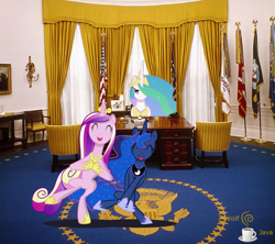 Size: 1085x964 | Tagged: safe, artist:wolfjava, princess cadance, princess celestia, princess luna, alicorn, pony, annoyed, bipedal, dancing, oval office, ponies in real life, president, president celestia, unamused