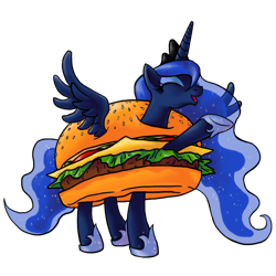 Size: 894x894 | Tagged: safe, artist:myminiatureequine, princess luna, alicorn, original species, pony, burger, costume, food, hamburger, simple background, solo