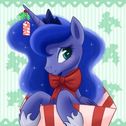 Size: 3000x3000 | Tagged: safe, artist:steffy-beff, princess luna, alicorn, pony, bow, box, christmas, cute, lunabetes, pony in a box, present, solo