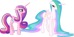 Size: 582x296 | Tagged: safe, artist:russiankolz, princess cadance, princess celestia, alicorn, pony, duo, duo female, female, females only, horn, mare, multicolored mane, pink coat, white coat