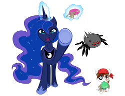 Size: 3300x2550 | Tagged: safe, artist:c-quel, pipsqueak, princess luna, alicorn, earth pony, pony, spider, colt, female, male, mare, mouth hold, pinto, pirate costume, simple background, throwing, transparent background, vector