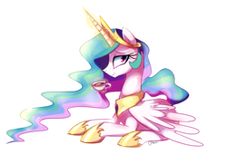 Size: 2791x1910 | Tagged: safe, artist:pepooni, princess celestia, alicorn, pony, cup, magic, prone, simple background, smiling, solo, tea, teacup, telekinesis, white background