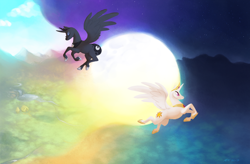 Size: 1500x981 | Tagged: safe, artist:sheppymomma, princess celestia, princess luna, alicorn, pony, moon, sun