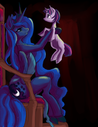 Size: 2550x3300 | Tagged: dead source, safe, artist:fauxsquared, princess luna, twilight sparkle, alicorn, pony, semi-anthro, unicorn, cute, female, filly, filly twilight sparkle, holding, holding a pony, lidded eyes, maternaluna, sitting, smiling, throne, unshorn fetlocks, younger