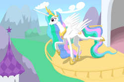 Size: 3000x2000 | Tagged: safe, artist:vasillium, princess celestia, alicorn, pony, balcony, female, horn, mare, multicolored mane, solo, white coat