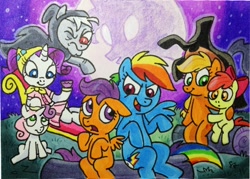 Size: 600x430 | Tagged: safe, artist:shuffle001, apple bloom, applejack, olden pony, princess luna, rainbow dash, scootaloo, sweetie belle, alicorn, earth pony, pegasus, pony, sleepless in ponyville, camping outfit, cutie mark crusaders, moon, traditional art