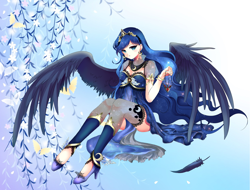 Size: 5800x4400 | Tagged: safe, artist:rurutia8, princess luna, human, absurd resolution, alicorn amulet, anime, clothes, crown, cute, feather, female, humanized, jewelry, lunabetes, regalia, sitting, solo, stockings, thigh highs, winged humanization