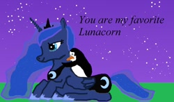 Size: 900x528 | Tagged: safe, artist:clubtail, princess luna, alicorn, pony, crossover, hug, lunacorn, private, the penguins of madagascar