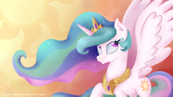 Size: 1921x1081 | Tagged: safe, artist:lydia-rawr, princess celestia, alicorn, pony, crown, female, horn, mare, multicolored mane, multicolored tail, solo, white coat, white wings, wings