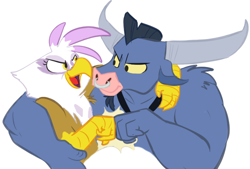 Size: 660x446 | Tagged: safe, artist:php27, derpibooru import, gilda, iron will, griffon, minotaur, duo, eye contact, female, fist bump, hug, looking at each other, male, simple background, white background