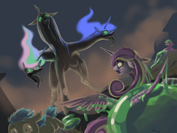 Size: 1200x900 | Tagged: safe, artist:moo, nightmare moon, princess cadance, princess celestia, queen chrysalis, changeling, changeling queen, goo, antagonist, bad end, fusion, multiple heads, slime, three heads, we have become one, xk-class end-of-the-world scenario