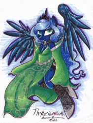 Size: 1280x1693 | Tagged: safe, artist:wyndon-torque, princess luna, anthro, cleavage, clothes, dress, female, solo