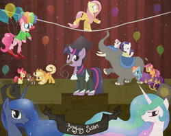 Size: 6200x4900 | Tagged: safe, artist:balloons504, apple bloom, applejack, fluttershy, pinkie pie, princess celestia, princess luna, rainbow dash, rarity, scootaloo, sweetie belle, twilight sparkle, alicorn, earth pony, elephant, pegasus, pony, unicorn, absurd resolution, balloon, cannon, circus, clown, cutie mark crusaders, mane six, pony cannonball, tightrope, whip