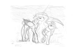 Size: 1280x787 | Tagged: safe, artist:bri-sta, princess celestia, twilight sparkle, alicorn, pony, female, lesbian, monochrome, rain, shipping, sketch, twilestia, wet mane