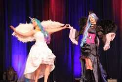 Size: 1024x683 | Tagged: safe, artist:kana-mitsu, nightmare moon, princess celestia, human, cosplay, irl, irl human, photo, stage