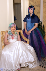 Size: 699x1080 | Tagged: safe, artist:kuramachan, princess celestia, twilight sparkle, human, cosplay, irl, irl human, photo