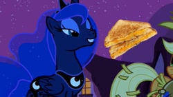 Size: 667x375 | Tagged: safe, edit, edited screencap, screencap, princess luna, alicorn, pony, luna eclipsed, bedroom eyes, clothes, costume, glorious grilled cheese, grilled cheese, nightmare night costume, sandwich, scarecrow, solo focus