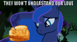 Size: 450x247 | Tagged: safe, edit, edited screencap, screencap, princess luna, alicorn, pony, luna eclipsed, animated, blinking, food, glorious grilled cheese, grilled cheese, hub logo, image macro, sandwich, solo