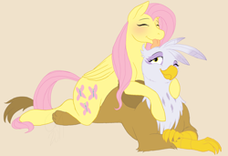 Size: 1716x1174 | Tagged: dead source, safe, artist:cartoonlion, derpibooru import, fluttershy, gilda, griffon, pegasus, pony, blushing, female, gildashy, grooming, lesbian, licking, mare, on top, prone, shipping, simple background, smiling