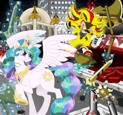 Size: 882x822 | Tagged: safe, artist:brodogz, princess celestia, alicorn, pony, a new dawn, city, commission, crossover, fanfic art, magic, shadow the hedgehog, sonic the comic, sonic the hedgehog (series), super shadow, telekinesis