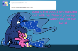 Size: 907x601 | Tagged: safe, artist:srsishere, princess luna, princess skyla, alicorn, pony, cute, happy, hug, squishy, tumblr