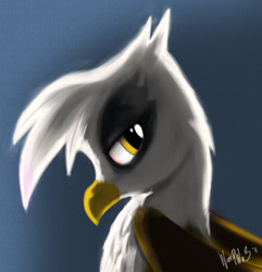 Size: 780x810 | Tagged: safe, artist:warepwn3, derpibooru import, gilda, griffon, abstract background, backlighting, bust, female, gradient background, looking at you, looking back, looking back at you, profile, solo