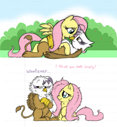 Size: 813x883 | Tagged: safe, artist:mickeymonster, derpibooru import, fluttershy, gilda, griffon, pegasus, pony, bedroom eyes, crossed arms, cuddling, eye contact, female, fluffy, frown, gildashy, glare, grumpy, hug, lesbian, mare, messy mane, on back, raised hoof, shipping, sitting, smiling, snuggling, unamused