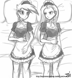 Size: 914x1000 | Tagged: safe, artist:johnjoseco, derpibooru import, gilda, pinkie pie, human, bed, clothes, duo, duo female, female, grayscale, humanized, looking at each other, maid, monochrome, on back, pillow, pinkamena diane pie