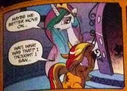 Size: 336x240 | Tagged: safe, artist:andypriceart, idw, princess celestia, sunset satan, sunset shimmer, alicorn, demon, pony, unicorn, spoiler:comic, spoiler:comicannual2013, 2spooky, magic mirror, mirror