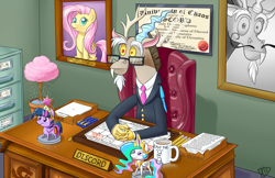 Size: 1700x1100 | Tagged: safe, artist:paradigmpizza, discord, fluttershy, princess celestia, twilight sparkle, twilight sparkle (alicorn), alicorn, pegasus, pony, big crown thingy, bonsai, business suit, chocolate, chocolate rain, clothes, colored pupils, cotton candy, cup, desk, diploma, employee of the month, female, filing cabinet, food, glasses, mare, moustache, mug, organized chaos, paper, paperwork, pen, pencil, q, rain, salvador dalí, suit, unamused