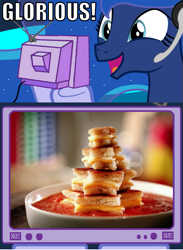 Size: 563x771 | Tagged: safe, princess luna, alicorn, pony, exploitable meme, gamer luna, glorious grilled cheese, grilled cheese, soup, stars, tomato soup, tv meme