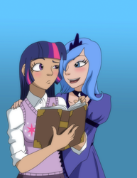 Size: 700x905 | Tagged: safe, artist:itanatsu-chan, princess luna, twilight sparkle, female, humanized, lesbian, s1 luna, shipping, twiluna