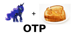 Size: 820x421 | Tagged: safe, princess luna, alicorn, pony, exploitable meme, glorious grilled cheese, grilled cheese, joke shipping, otp, shipping