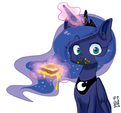 Size: 500x465 | Tagged: safe, artist:chinad011, princess luna, alicorn, pony, caught, eating, food, glorious grilled cheese, grilled cheese, looking at you, magic, pixiv, signed, simple background, sitting, solo